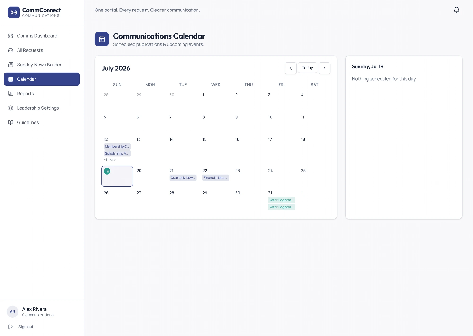 CommConnect Portal — Communications Calendar